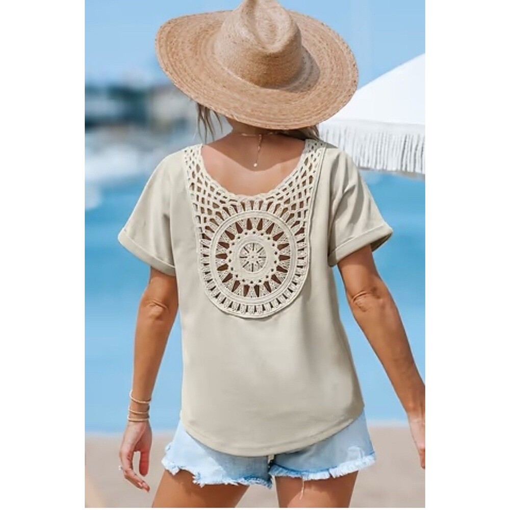 NWT CUPSHE Shirt Size Small Textured Light Taupe Crochet Panel V Neck‎